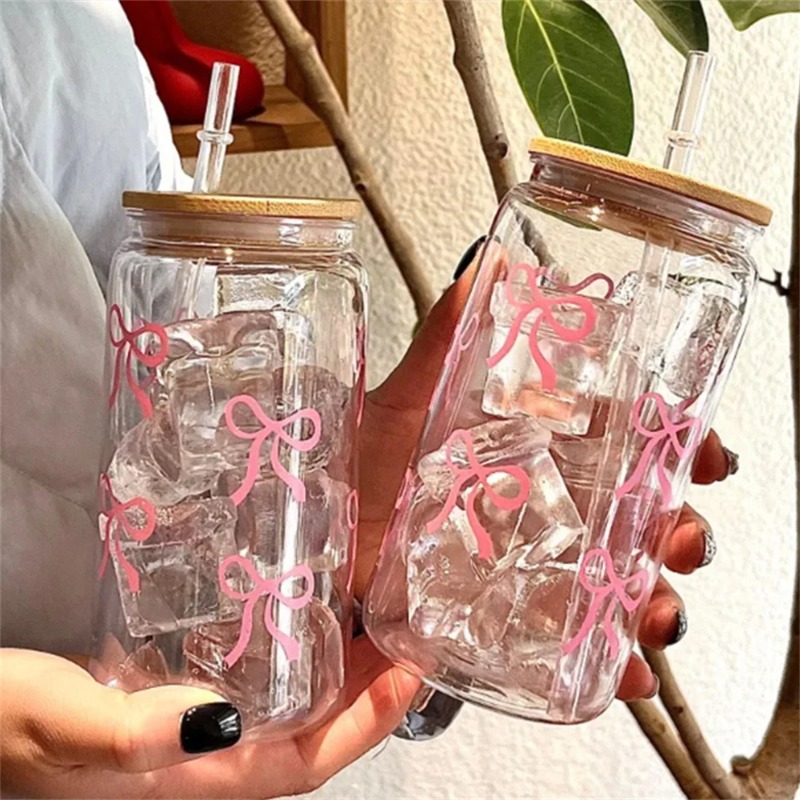 1pc Cute Bow Glass Cup 500ml T - Training Cup Straw review and price